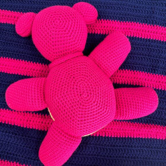 Hand Crochet Teddy Bear Plush Blanket Set Stuffed Animal Afghan Pink Blue Retro - Picture 7 of 16